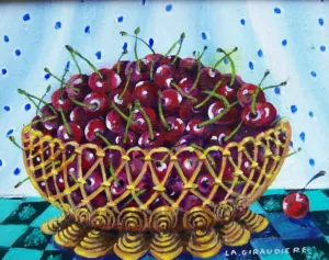 Peinture naïf Mady de la Giraudière - Un panier de cerises